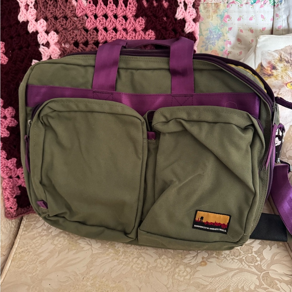 Brooklyn Industries Olive Canvas Laptop Bag with Purple Accents